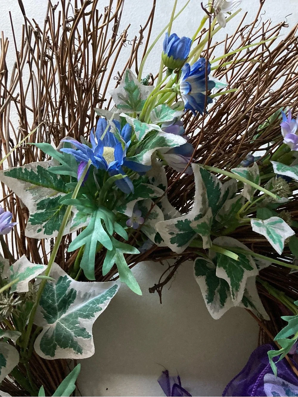 Twig Ivy Wreath Blue Flowers Greenery Purple Bow Floral Door Decor 24” Wide